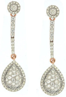 ESTATE 1.05CT DIAMOND 14KT WHITE & ROSE GOLD CLUSTER TEAR DROP HANGING EARRINGS
