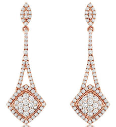 ESTATE 1.0CT DIAMOND 14KT ROSE GOLD 3D CLUSTER SQUARE DIAGONAL HANGING EARRINGS