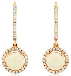 ESTATE 1.26CT DIAMOND & AAA OPAL 14KT ROSE GOLD 3D ROUND HALO HANGING EARRINGS