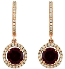 2.46CT DIAMOND & AAA RHODOLITE 14KT ROSE GOLD 3D HALO LEVERBACK HANGING EARRINGS