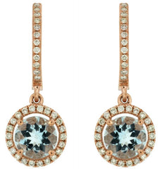 1.71CT DIAMOND & AAA AQUAMARINE 14KT ROSE GOLD ROUND LEVERBACK HANGING EARRINGS