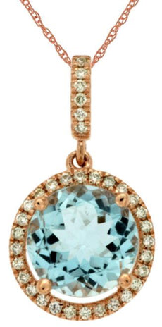 1.83CT DIAMOND & AAA AQUAMARINE 14KT ROSE GOLD 3D ROUND HALO FLOATING PENDANT
