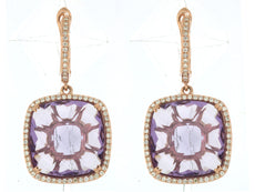 LARGE 20.92CT DIAMOND & AAA AMETHYST 14KT ROSE GOLD CUSHION CUT HANGING EARRINGS
