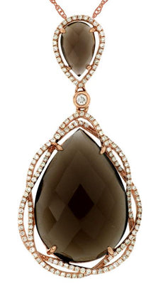 15.7CT DIAMOND & AAA SMOKY TOPAZ 14K ROSE GOLD TEAR DROP FLOWER FLOATING PENDANT