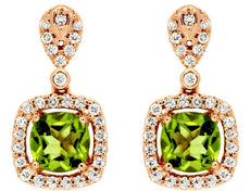 2.62CT DIAMOND & AAA PERIDOT 14KT ROSE GOLD 3D CUSHION & ROUND HANGING EARRINGS