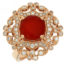 2.75CT DIAMOND & AAA RED CARNELIAN 14KT ROSE GOLD ROUND FILIGREE FLOWER FUN RING