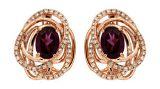 2.10CT DIAMOND & AAA RHODOLITE 14KT ROSE GOLD OVAL & ROUND INTERTWINING EARRINGS