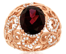 5.61CT DIAMOND & AAA RHODOLITE 14K ROSE GOLD OVAL & ROUND OPEN FILIGREE FUN RING