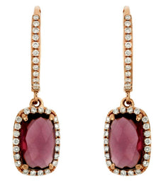 3.06CT DIAMOND & AAA RHODOLITE 14K ROSE GOLD 3D CUSHION & ROUND HANGING EARRINGS