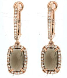 2.26CT DIAMOND & AAA SMOKY TOPAZ 14KT ROSE GOLD CUSHION & ROUND HANGING EARRINGS