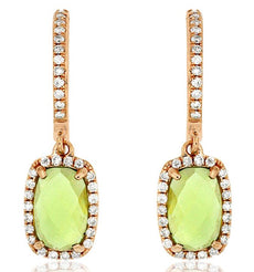 2.56CT DIAMOND & AAA PERIDOT 14KT ROSE GOLD 3D CUSHION & ROUND HANGING EARRINGS