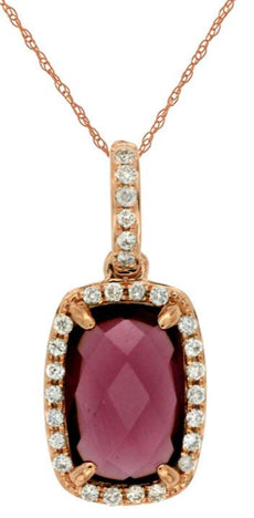 1.96CT DIAMOND & AAA RHODOLITE 14KT ROSE GOLD 3D CUSHION & ROUND HALO PENDANT