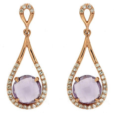 1.92CT DIAMOND & AAA AMETHYST 14KT ROSE GOLD 3D ROUND TEAR DROP HANGING EARRINGS