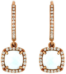 2.05CT DIAMOND & AAA AQUAMARINE 14KT ROSE GOLD CUSHION & ROUND HANGING EARRINGS