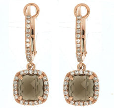 1.95CT DIAMOND & AAA SMOKY TOPAZ 14K ROSE GOLD CUSHION CUT HALO HANGING EARRINGS