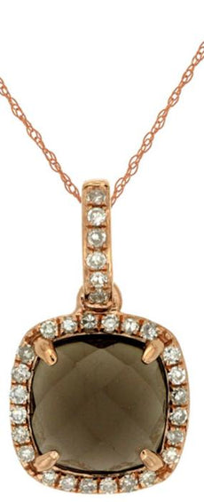 1.42CT DIAMOND & AAA SMOKEY TOPAZ 14KT ROSE GOLD CUSHION & ROUND HALO PENDANT