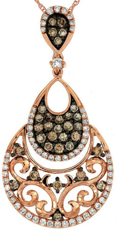 .91CT WHITE & MOCHA DIAMOND 14KT ROSE GOLD CIRCULAR TEAR DROP FILIGREE PENDANT