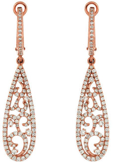 ESTATE 0.9CT DIAMOND 14KT ROSE GOLD 3D TEAR DROP OPEN FILIGREE HANGING EARRINGS