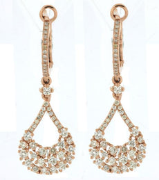 ESTATE 1.07CT DIAMOND 14K ROSE GOLD CLUSTER TEAR DROP LEVERBACK HANGING EARRINGS