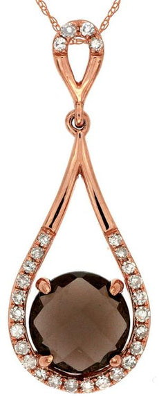 1.42CT DIAMOND & AAA SMOKY TOPAZ 14K ROSE GOLD 3D TEAR DROP LOVE PENDANT & CHAIN