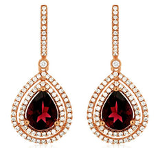 4.35CT DIAMOND & AAA RHODOLITE 14KT ROSE GOLD 3D HALO TEAR DROP HANGING EARRINGS