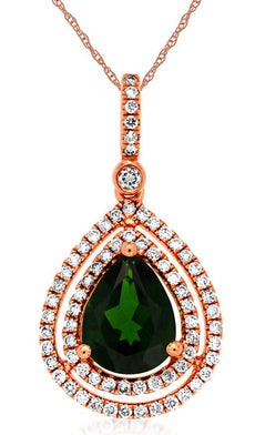 2.30CT DIAMOND & AAA GREEN GARNET 14KT ROSE GOLD DOUBLE HALO TEAR DROP PENDANT