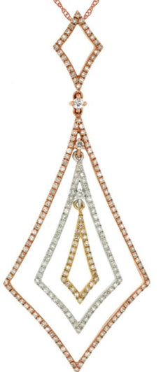 .85CT DIAMOND 14KT TRI COLOR GOLD 3D ELONGATED SQUARE LARIAT FLOATING PENDANT
