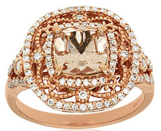 1.77CT DIAMOND & AAA MORGANITE 14KT ROSE GOLD 3D CUSHION & ROUND FLOWER FUN RING