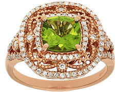 WIDE 1.97CT DIAMOND & AAA PERIDOT 14KT ROSE GOLD CUSHION & ROUND FLOWER FUN RING