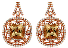 LARGE 3.30CT DIAMOND & AAA MORGANITE 14KT ROSE GOLD 3D CUSHION & ROUND EARRINGS