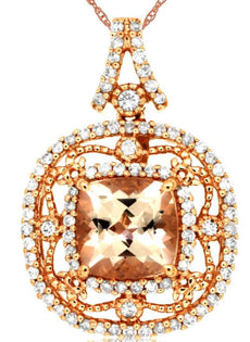 1.68CT DIAMOND & AAA MORGANITE 14KT ROSE GOLD 3D CUSHION & ROUND FLOWER PENDANT