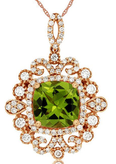 2.67CT DIAMOND & AAA PERIDOT 14KT ROSE GOLD 3D CUSHION & ROUND FLOWER PENDANT