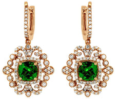 2.8CT DIAMOND & AAA GREEN GARNET 14KT ROSE GOLD CUSHION & ROUND HANGING EARRINGS