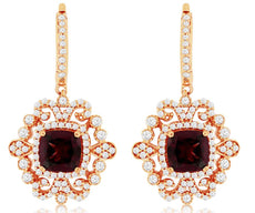 3.4CT DIAMOND & AAA RHODOLITE 14KT ROSE GOLD 3D CUSHION & ROUND HANGING EARRINGS