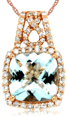 2.13CT DIAMOND & AAA AQUAMARINE 14KT ROSE GOLD CUSHION & ROUND FILIGREE PENDANT