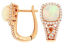 2.25CT DIAMOND & AAA OPAL 14KT ROSE GOLD SQUARE HALO LEVERBACK HANGING EARRINGS