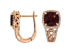 3.65CT DIAMOND & RHODOLITE 14KT ROSE GOLD 3D CUSHION & ROUND FILIGREE EARRINGS
