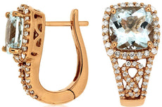 3.25CT DIAMOND & AQUAMARINE 14K ROSE GOLD CUSHION & ROUND HALO HANGING EARRINGS