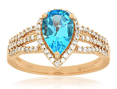 1.9CT DIAMOND & AAA BLUE TOPAZ 14K ROSE GOLD PEAR SHAPE & ROUND CLASSIC FUN RING