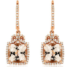 4.42CT DIAMOND & AAA MORGANITE 14K ROSE GOLD 3D CUSHION & ROUND HANGING EARRINGS