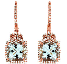 4.22CT DIAMOND & AAA AQUAMARINE 14KT ROSE GOLD CUSHION & ROUND HANGING EARRINGS