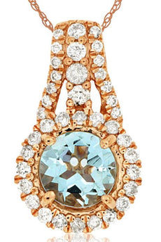 .75CT DIAMOND & AAA AQUAMARINE 14KT ROSE GOLD 3D CLASSIC FLOWER FLOATING PENDANT