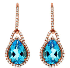 4.6CT DIAMOND & AAA BLUE TOPAZ 14K ROSE GOLD PEAR SHAPE & ROUND HANGING EARRINGS
