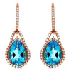 4.6CT DIAMOND & AAA BLUE TOPAZ 14K ROSE GOLD PEAR SHAPE & ROUND HANGING EARRINGS