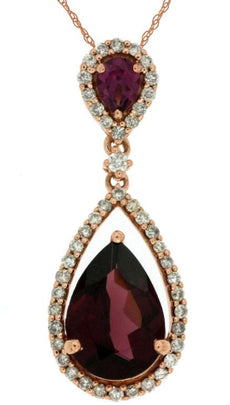 2.55CT DIAMOND & AAA RHODOLITE 14K ROSE GOLD PEAR SHAPE & ROUND FLOATING PENDANT