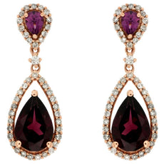 3.89CT DIAMOND & AAA RHODOLITE 14K ROSE GOLD PEAR SHAPE & ROUND HANGING EARRINGS