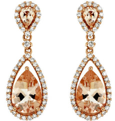 LARGE 2.99CT DIAMOND & AAA MORGANITE 14KT ROSE GOLD PEAR SHAPE HANGING EARRINGS