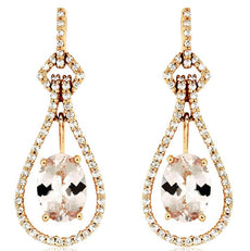 1.74CT DIAMOND & AAA MORGANITE 14KT ROSE GOLD 3D OVAL TEAR DROP HANGING EARRINGS