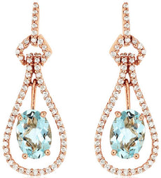 1.74CT DIAMOND & AAA AQUAMARINE 14KT ROSE GOLD OVAL TEAR DROP HANGING EARRINGS