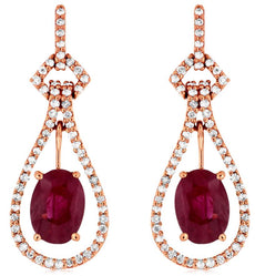 2.14CT DIAMOND & AAA RUBY 14KT ROSE GOLD OVAL & ROUND TEAR DROP HANGING EARRINGS